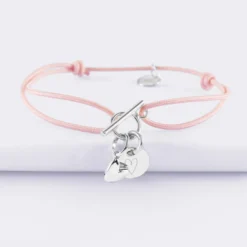 Hot HappyBulle Bracelet fermoir personnalisé cordon médaille gravée argent initiale 10 mm et breloque petit coeur bombé 7 mm - x Atelier Wagram Argent rhodié 925