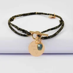 Hot HappyBulle Bracelet fermoir personnalisé cordon pailleté médaille gravée plaqué or 15 mm et breloque rectangle zircon plaqué or 9 mm