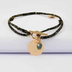Hot HappyBulle Bracelet fermoir personnalisé cordon pailleté médaille gravée plaqué or 15 mm et breloque rectangle zircon plaqué or 9 mm