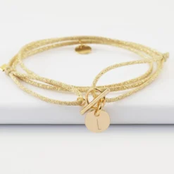 Clearance HappyBulle Bracelet fermoir personnalisé cordon 3 tours pailleté médaille gravée plaqué or initiale 10 mm Plaqué or 18k