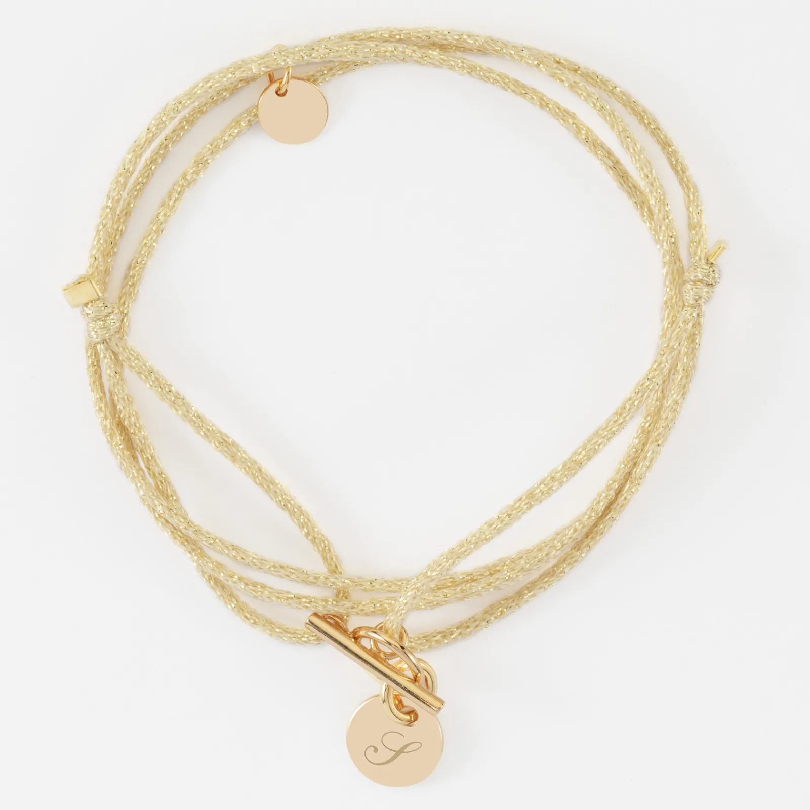 Clearance HappyBulle Bracelet fermoir personnalisé cordon 3 tours pailleté médaille gravée plaqué or initiale 10 mm Plaqué or 18k