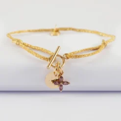 HappyBulle Bracelet fermoir personnalisé cordon pailleté médaille gravée plaqué or 10 mm et breloque fleur pétales zircons 10 mm