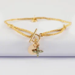 HappyBulle Bracelet fermoir personnalisé cordon pailleté médaille gravée plaqué or 10 mm et breloque fleur pétales zircons 10 mm