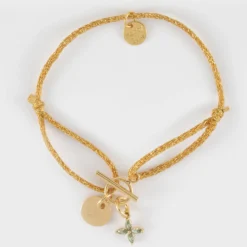 HappyBulle Bracelet fermoir personnalisé cordon pailleté médaille gravée plaqué or 10 mm et breloque fleur pétales zircons 10 mm