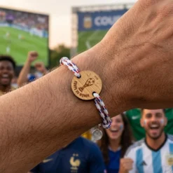 HappyBulle Bracelet homme cordage marin tricolore simple médaille gravée bois ronde 2 trous 21 mm - Edition spéciale Coupe du Monde Coupe du monde 2026