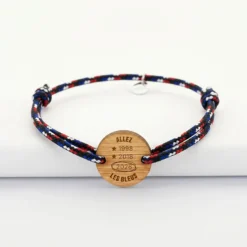 HappyBulle Bracelet homme cordage marin tricolore simple médaille gravée bois ronde 2 trous 21 mm - Edition spéciale Allez les bleus