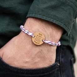 HappyBulle Bracelet homme cordage marin tricolore simple médaille gravée bois ronde 2 trous 21 mm - Edition spéciale Allez les bleus
