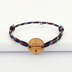 HappyBulle Bracelet homme cordage marin tricolore simple médaille gravée bois ronde 2 trous 21 mm - Edition spéciale Ramenez la coupe
