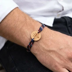 HappyBulle Bracelet homme cordage marin tricolore simple médaille gravée bois ronde 2 trous 21 mm - Edition spéciale Ramenez la coupe