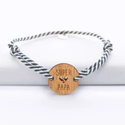 Hot HappyBulle Bracelet homme cordon marin médaille gravée bois ronde 21 mm - Edition spéciale "Super Papa"