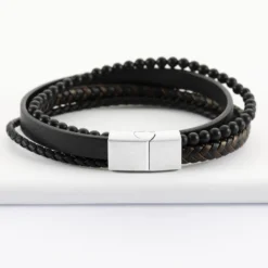 Discount HappyBulle Bracelet homme cuir et perles fermoir acier 15x11 mm