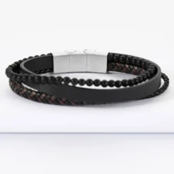 Discount HappyBulle Bracelet homme cuir et perles fermoir acier 15x11 mm