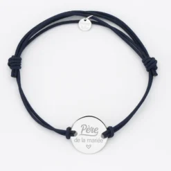 New HappyBulle Bracelet homme Famille des mariés personnalisé cordon doublé médaille gravée argent 2 trous 20 mm