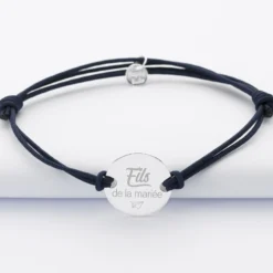 New HappyBulle Bracelet homme Famille des mariés personnalisé cordon doublé médaille gravée argent 2 trous 20 mm