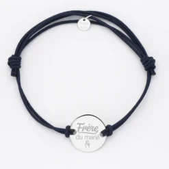 New HappyBulle Bracelet homme Famille des mariés personnalisé cordon doublé médaille gravée argent 2 trous 20 mm