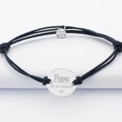 New HappyBulle Bracelet homme Famille des mariés personnalisé cordon doublé médaille gravée argent 2 trous 20 mm