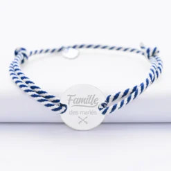 Clearance HappyBulle Bracelet homme Famille des mariés personnalisé cordon marin tressé médaille gravée argent 2 trous 20 mm