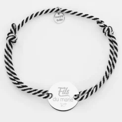 Clearance HappyBulle Bracelet homme Famille des mariés personnalisé cordon marin tressé médaille gravée argent 2 trous 20 mm