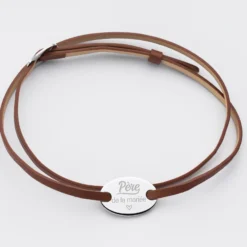 Outlet HappyBulle Bracelet homme Famille des mariés personnalisé cuir médaille gravée argent ovale 2 trous 25x16 mm