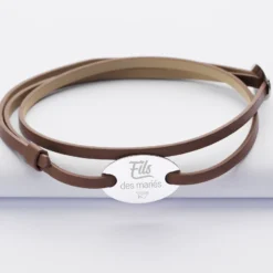 Outlet HappyBulle Bracelet homme Famille des mariés personnalisé cuir médaille gravée argent ovale 2 trous 25x16 mm