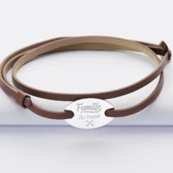 Outlet HappyBulle Bracelet homme Famille des mariés personnalisé cuir médaille gravée argent ovale 2 trous 25x16 mm