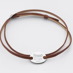 Outlet HappyBulle Bracelet homme Famille des mariés personnalisé cuir médaille gravée argent ovale 2 trous 25x16 mm