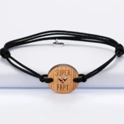 Clearance HappyBulle Bracelet homme médaille gravée bois ronde 21 mm - Edition spéciale "Super Papy"