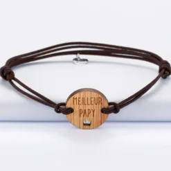 New HappyBulle Bracelet homme médaille gravée bois ronde 21 mm - Edition spéciale "Meilleur papy"