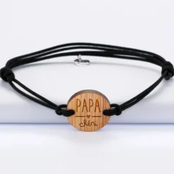 Hot HappyBulle Bracelet homme médaille gravée ronde 21 mm - Edition spéciale "Papa Chéri" Bois
