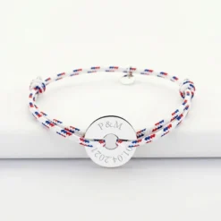 New HappyBulle Bracelet homme personnalisé cordage BLEU BLANC ROUGE médaille gravée argent cible 20 mm