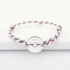 New HappyBulle Bracelet homme personnalisé cordage BLEU BLANC ROUGE médaille gravée argent cible 20 mm