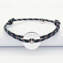Online HappyBulle Bracelet homme personnalisé cordage marin simple médaille gravée argent cible 20 mm Argent rhodié 925