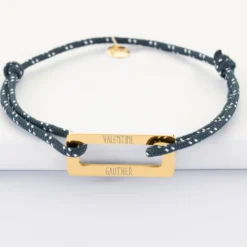 Clearance HappyBulle Bracelet homme personnalisé cordage marin simple médaille gravée acier doré rectangle évidé 32x14 mm Acier inoxydable doré