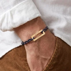 Clearance HappyBulle Bracelet homme personnalisé cordage marin simple médaille gravée acier doré rectangle évidé 32x14 mm Acier inoxydable doré