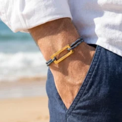 Clearance HappyBulle Bracelet homme personnalisé cordage marin simple médaille gravée acier doré rectangle évidé 32x14 mm Acier inoxydable doré