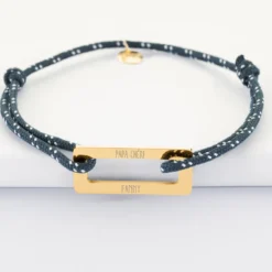 Clearance HappyBulle Bracelet homme personnalisé cordage marin simple médaille gravée acier doré rectangle évidé 32x14 mm Acier inoxydable doré