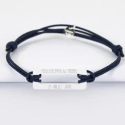 New HappyBulle Bracelet homme personnalisé cordon double médaille gravée acier rectangle évidé 32x14 mm Acier inoxydable