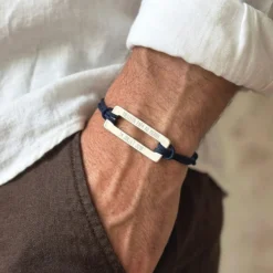 New HappyBulle Bracelet homme personnalisé cordon double médaille gravée acier rectangle évidé 32x14 mm Acier inoxydable