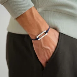 New HappyBulle Bracelet homme personnalisé cordon double médaille gravée acier rectangle évidé 32x14 mm Acier inoxydable
