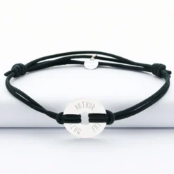 Sale HappyBulle Bracelet homme personnalisé cordon cuir double médaille gravée cible argent 20 mm