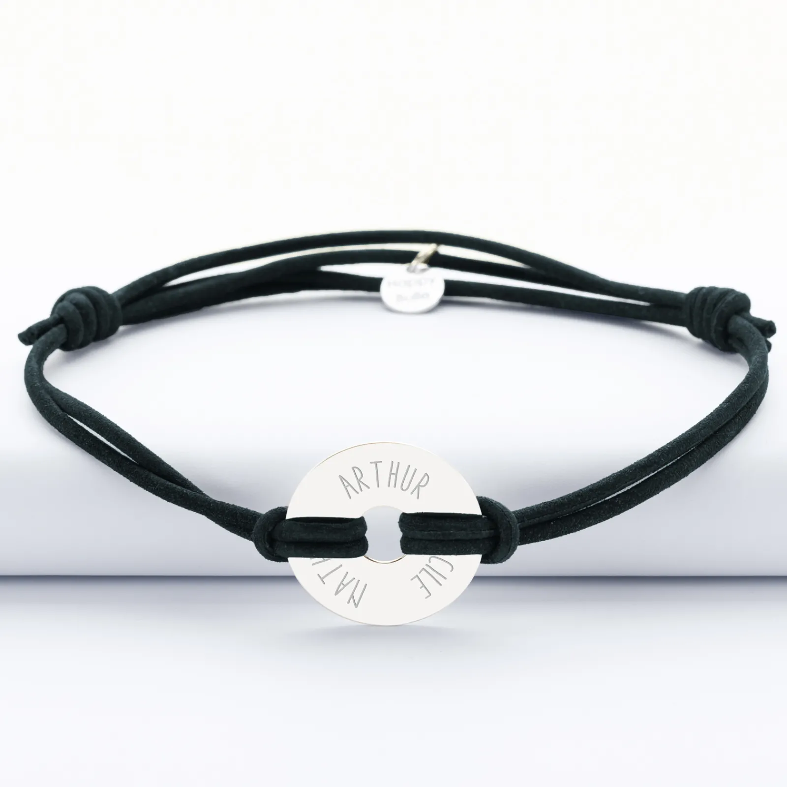 Sale HappyBulle Bracelet homme personnalisé cordon cuir double médaille gravée cible argent 20 mm