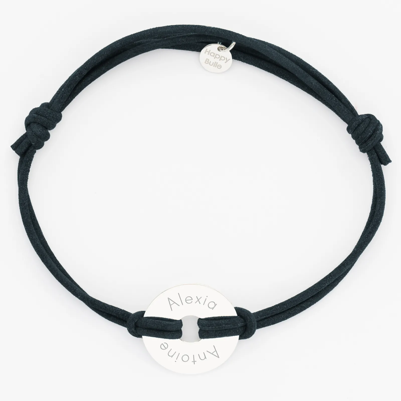 Sale HappyBulle Bracelet homme personnalisé cordon cuir double médaille gravée cible argent 20 mm