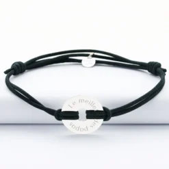 Sale HappyBulle Bracelet homme personnalisé cordon cuir double médaille gravée cible argent 20 mm