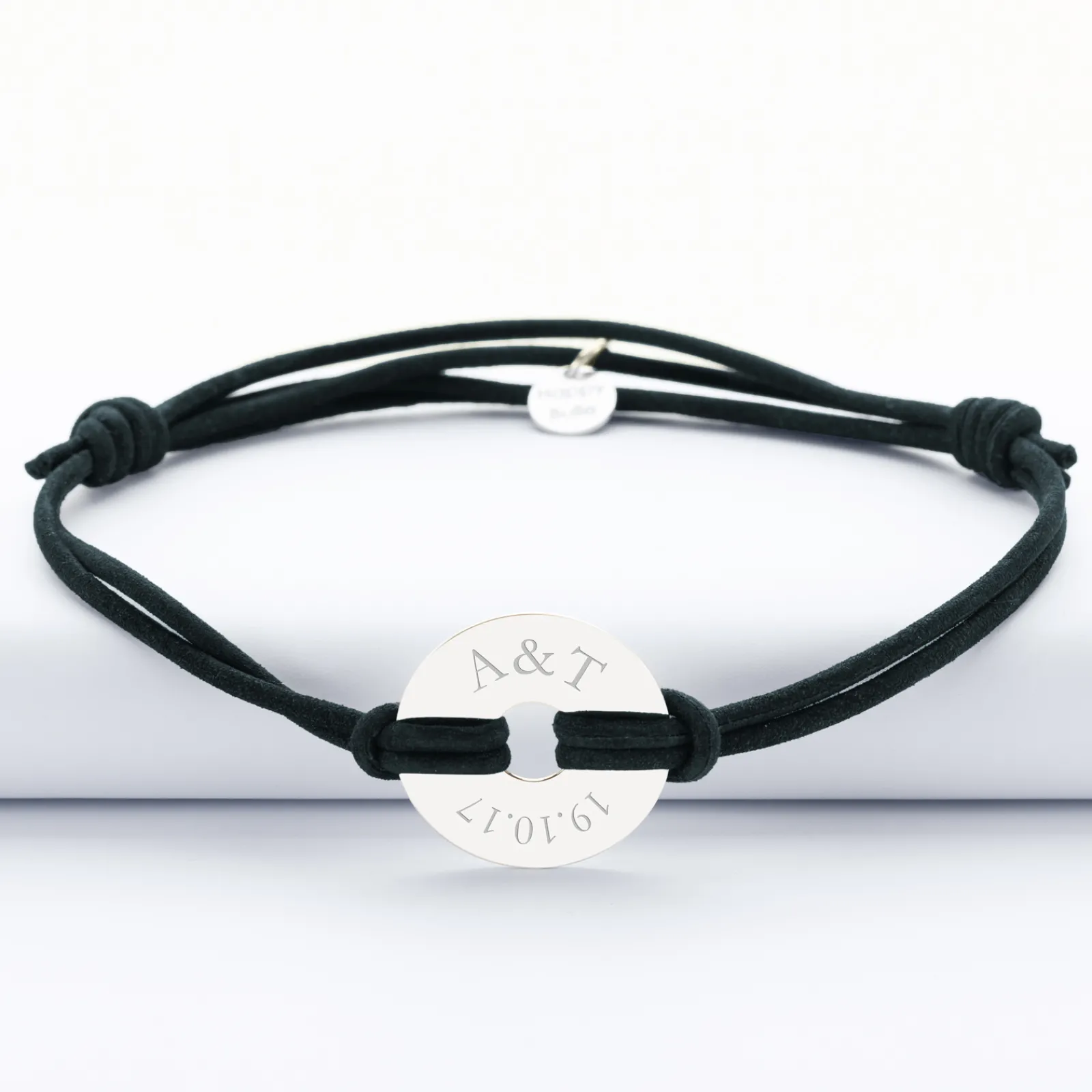 Sale HappyBulle Bracelet homme personnalisé cordon cuir double médaille gravée cible argent 20 mm