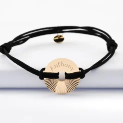 New HappyBulle Bracelet homme personnalisé cordon double médaille gravée plaqué or cible soleil 20 mm Plaqué or 18k