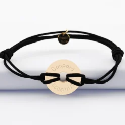 New HappyBulle Bracelet homme personnalisé cordon double médaille gravée plaqué or cible soleil 20 mm Plaqué or 18k