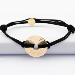 New HappyBulle Bracelet homme personnalisé cordon double médaille gravée plaqué or cible soleil 20 mm Plaqué or 18k