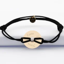 New HappyBulle Bracelet homme personnalisé cordon double médaille gravée plaqué or cible soleil 20 mm Plaqué or 18k