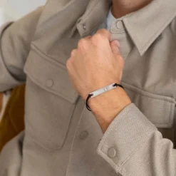 New HappyBulle Bracelet homme personnalisé cordon doublé médaille gravée argent plaque 42x8 mm