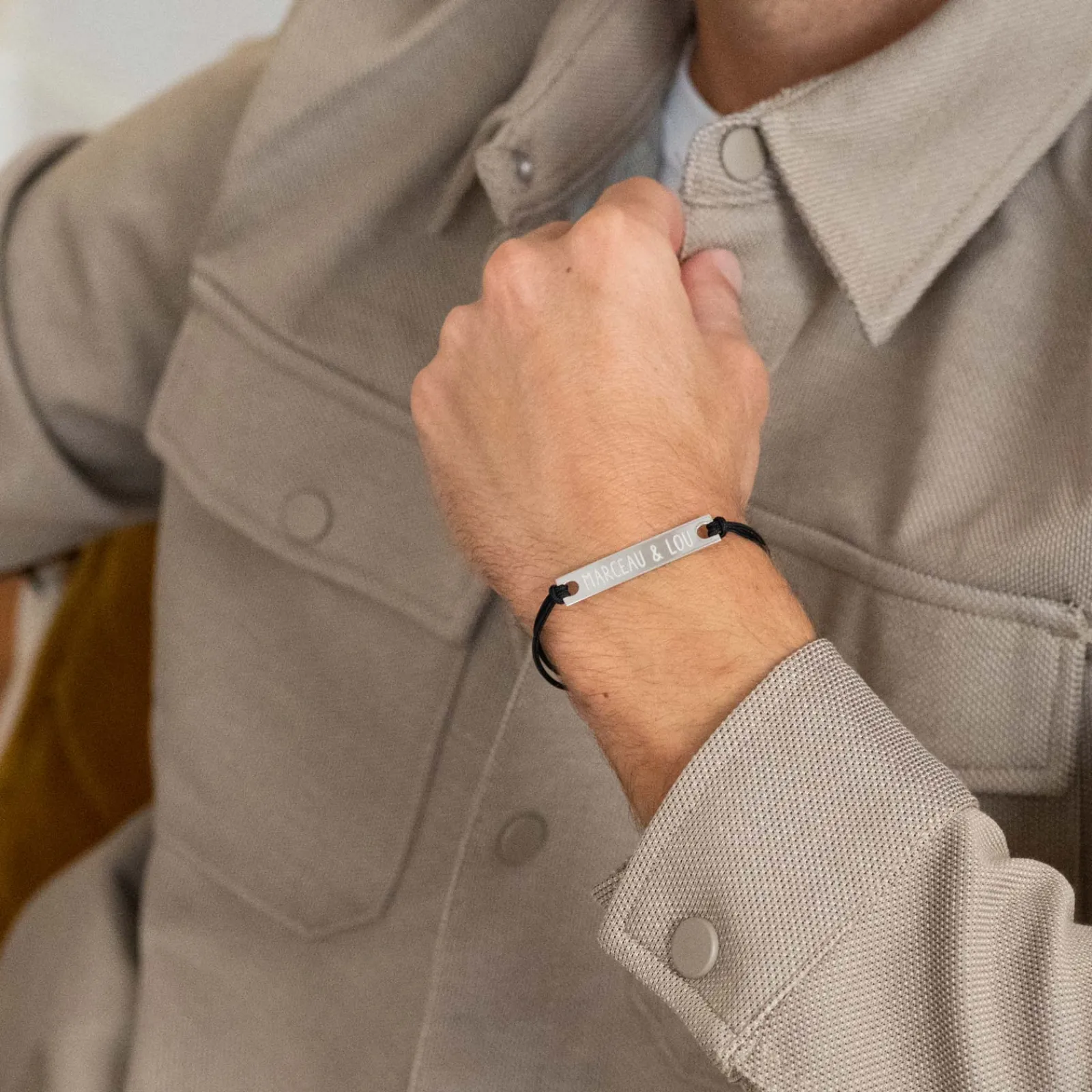 New HappyBulle Bracelet homme personnalisé cordon doublé médaille gravée argent plaque 42x8 mm